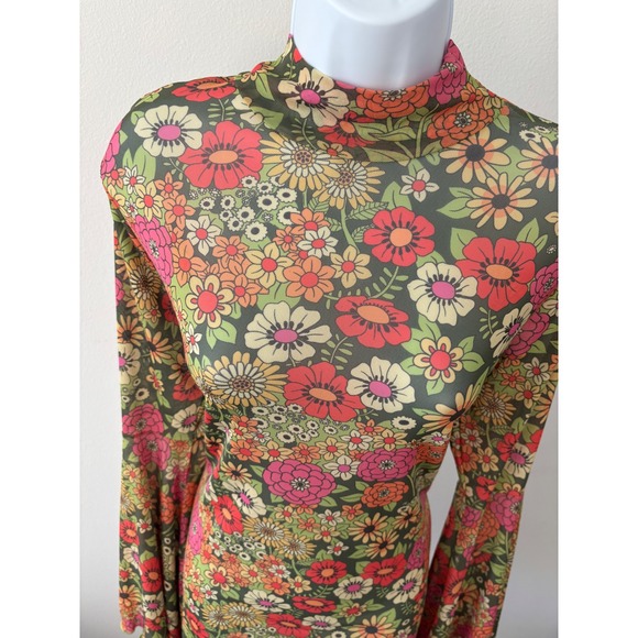 Boho Fairycore Dress 1X Mini 70s Retro Sheer Floral Mesh Bell Sleeve Lettuce Hem - Picture 11 of 13